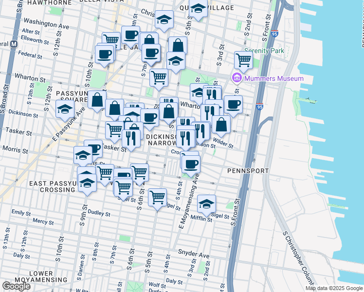 map of restaurants, bars, coffee shops, grocery stores, and more near 409 Greenwich Street in Philadelphia