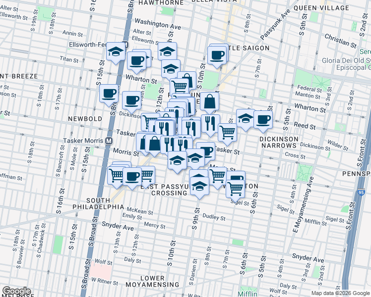 map of restaurants, bars, coffee shops, grocery stores, and more near in Philadelphia
