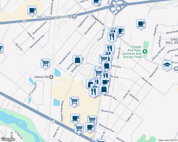 map of restaurants, bars, coffee shops, grocery stores, and more near 258 Derby Court in Cherry Hill