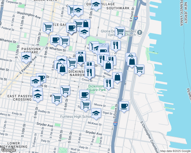 map of restaurants, bars, coffee shops, grocery stores, and more near 1429 South 4th Street in Philadelphia