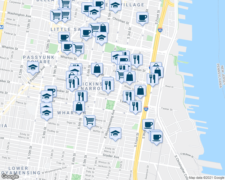 map of restaurants, bars, coffee shops, grocery stores, and more near 1429 South 4th Street in Philadelphia