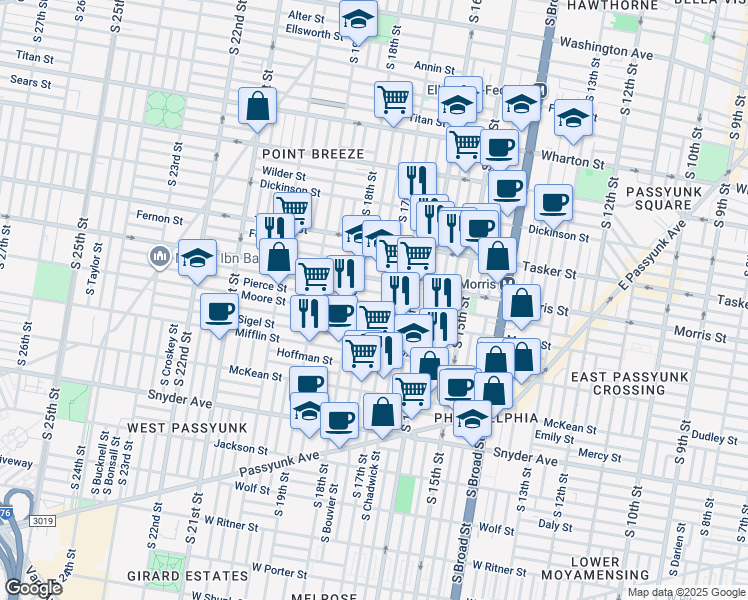 map of restaurants, bars, coffee shops, grocery stores, and more near 1721 Pierce Street in Philadelphia
