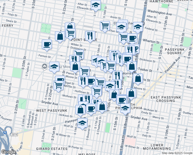 map of restaurants, bars, coffee shops, grocery stores, and more near 1810 Morris Street in Philadelphia