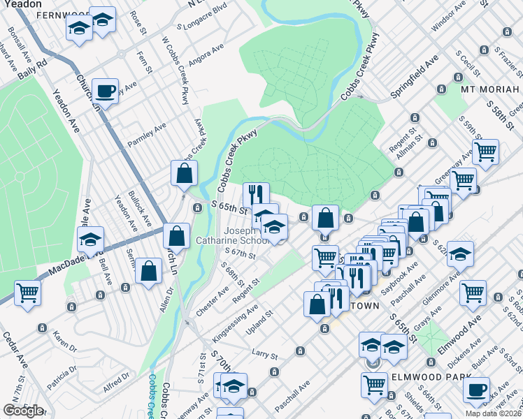 map of restaurants, bars, coffee shops, grocery stores, and more near 1713 South Avondale Street in Philadelphia