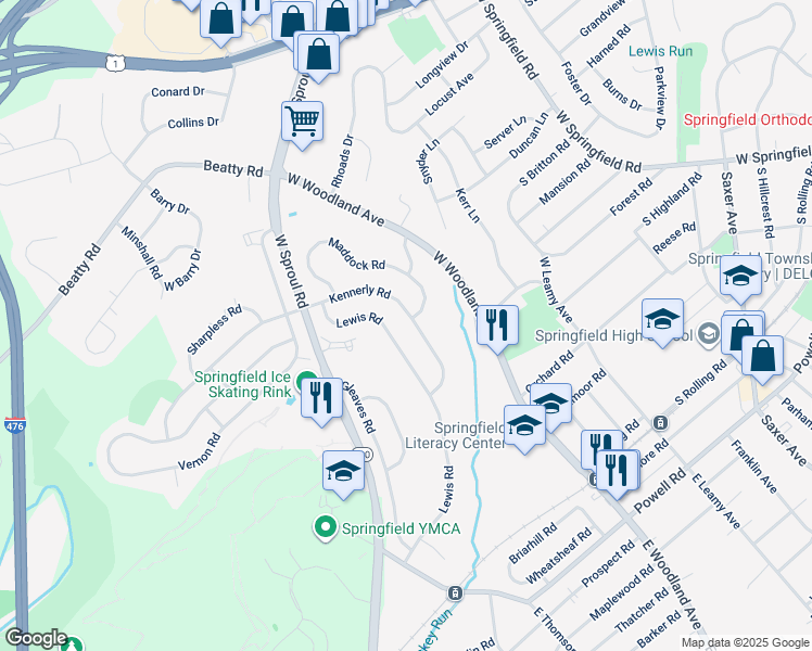 map of restaurants, bars, coffee shops, grocery stores, and more near 410 Maddock Road in Springfield