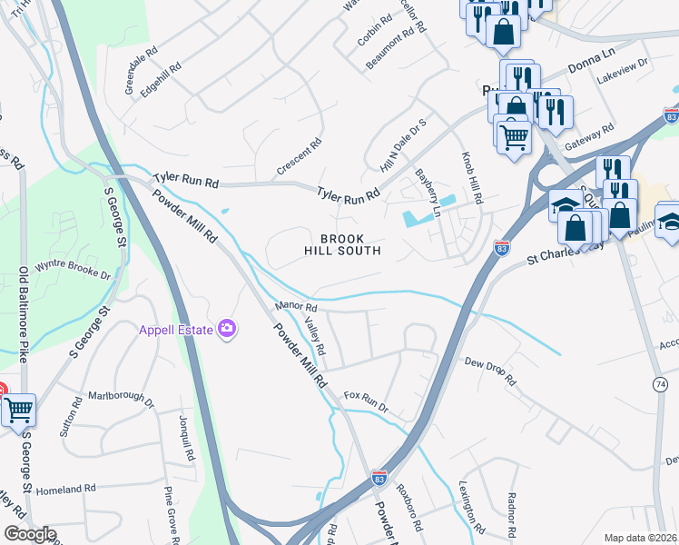 map of restaurants, bars, coffee shops, grocery stores, and more near 240 Brookwood Drive South in York