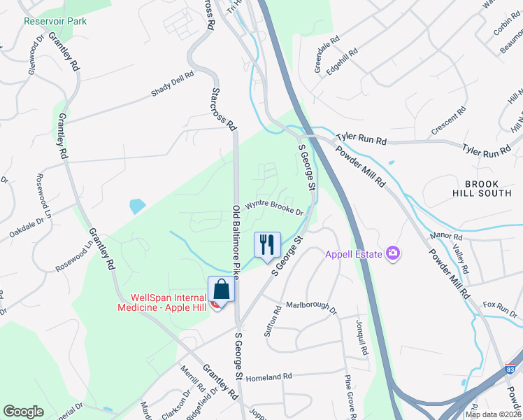 map of restaurants, bars, coffee shops, grocery stores, and more near 2002 Wyntre Brooke Drive in York