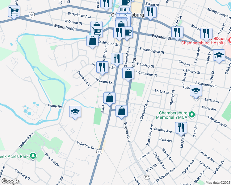 map of restaurants, bars, coffee shops, grocery stores, and more near 502 South Main Street in Chambersburg