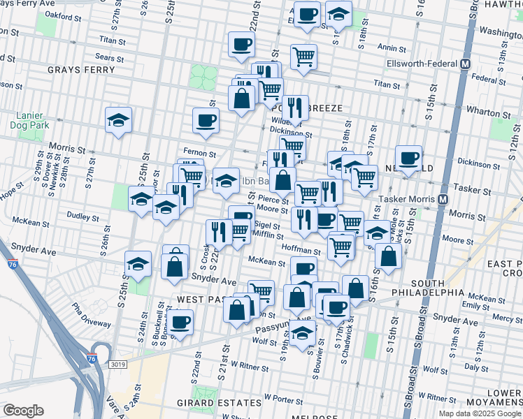 map of restaurants, bars, coffee shops, grocery stores, and more near 2044 Moore Street in Philadelphia