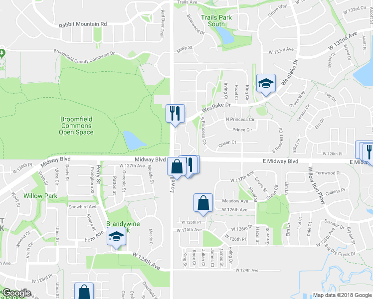 map of restaurants, bars, coffee shops, grocery stores, and more near 12828 King Street in Broomfield
