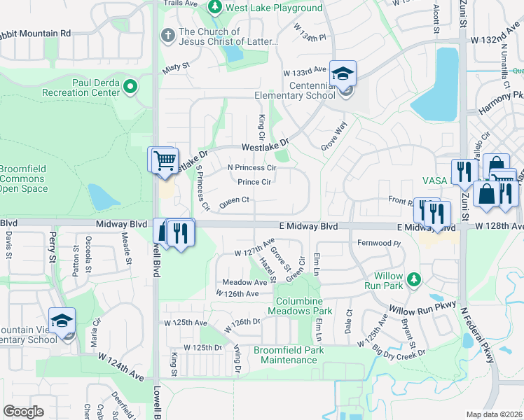 map of restaurants, bars, coffee shops, grocery stores, and more near 3181 South Princess Circle in Broomfield