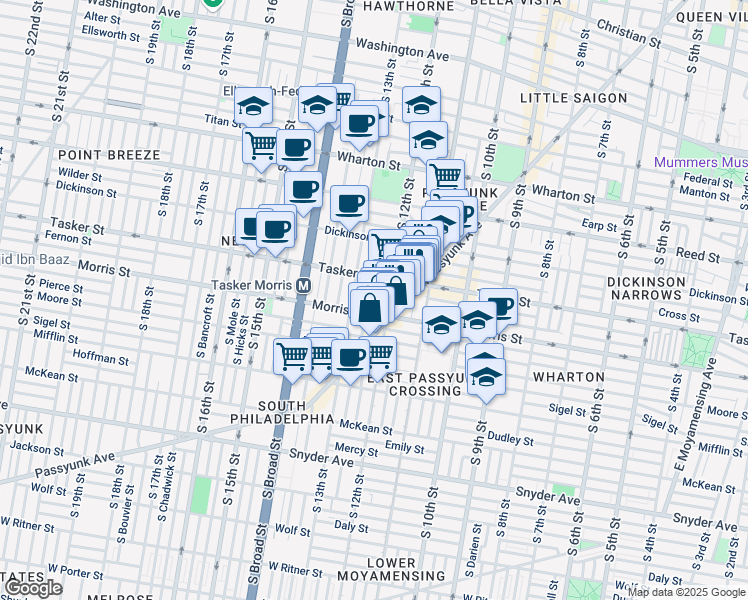 map of restaurants, bars, coffee shops, grocery stores, and more near 1632 South Camac Street in Philadelphia
