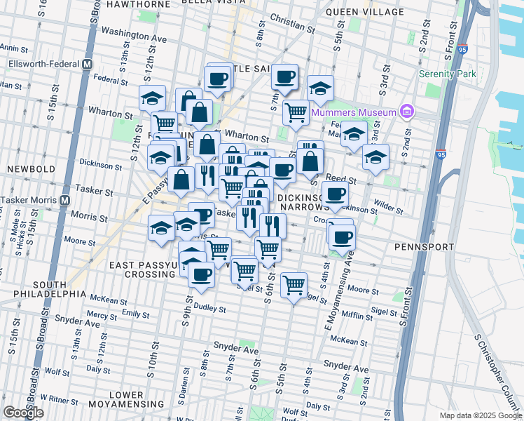 map of restaurants, bars, coffee shops, grocery stores, and more near 634 Cross Street in Philadelphia