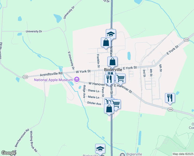 map of restaurants, bars, coffee shops, grocery stores, and more near 30 North High Street in Biglerville