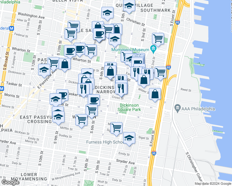 map of restaurants, bars, coffee shops, grocery stores, and more near 425 Greenwich Street in Philadelphia