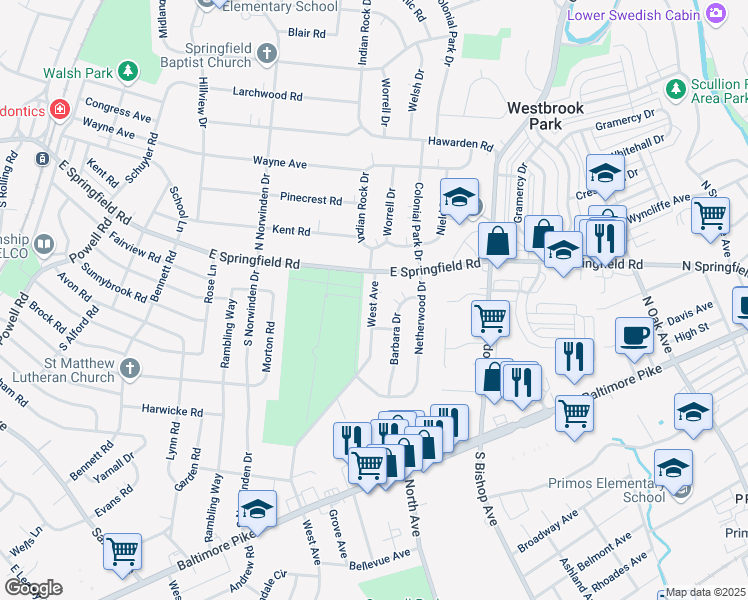 map of restaurants, bars, coffee shops, grocery stores, and more near in West Chester