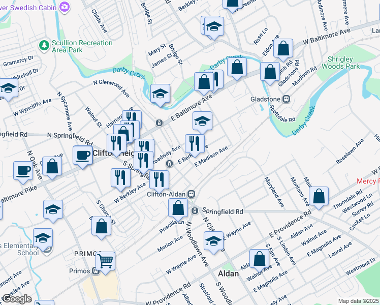map of restaurants, bars, coffee shops, grocery stores, and more near 203 East Berkley Avenue in Clifton Heights