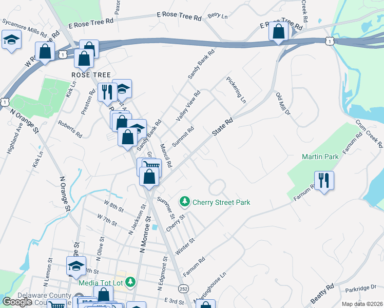 map of restaurants, bars, coffee shops, grocery stores, and more near 119 State Road in Media