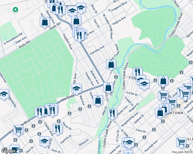 map of restaurants, bars, coffee shops, grocery stores, and more near 933 Bullock Avenue in Yeadon