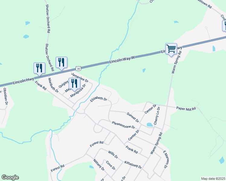 map of restaurants, bars, coffee shops, grocery stores, and more near 212 Theodore Drive in Chambersburg