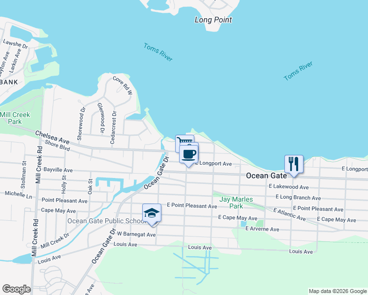 map of restaurants, bars, coffee shops, grocery stores, and more near 1 Ocean Gate Avenue in Ocean Gate
