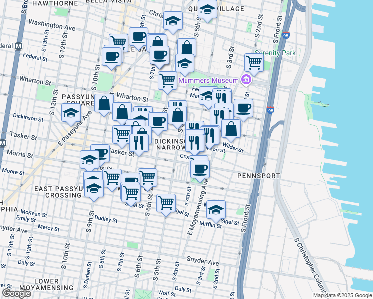 map of restaurants, bars, coffee shops, grocery stores, and more near 425 Greenwich Street in Philadelphia