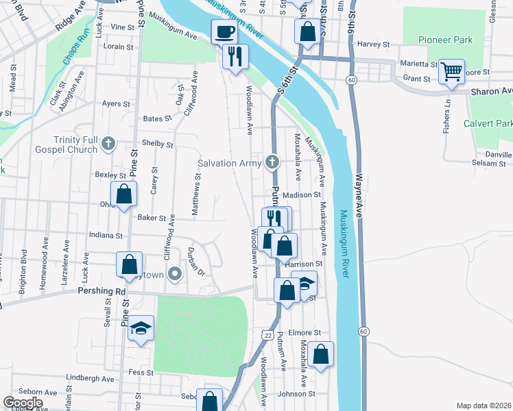 map of restaurants, bars, coffee shops, grocery stores, and more near 227 Madison Street in Zanesville