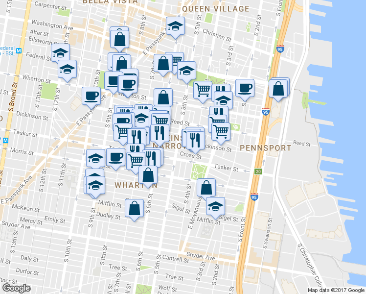 map of restaurants, bars, coffee shops, grocery stores, and more near 437 Greenwich Street in Philadelphia