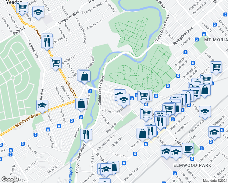 map of restaurants, bars, coffee shops, grocery stores, and more near 1773 South 65th Street in Philadelphia