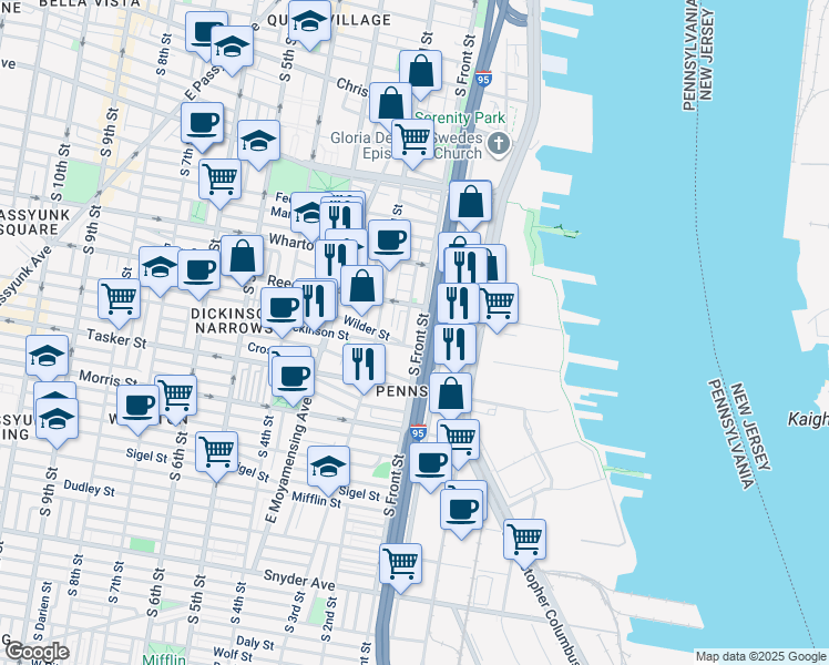 map of restaurants, bars, coffee shops, grocery stores, and more near 1436 South Front Street in Philadelphia