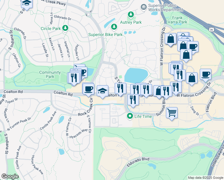 map of restaurants, bars, coffee shops, grocery stores, and more near 13 Coalton Road in Superior