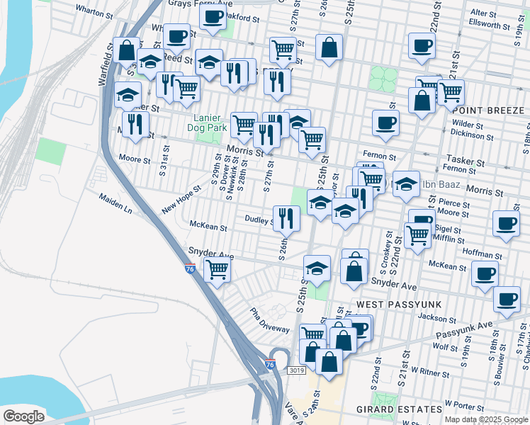 map of restaurants, bars, coffee shops, grocery stores, and more near 2644 Mifflin Street in Philadelphia
