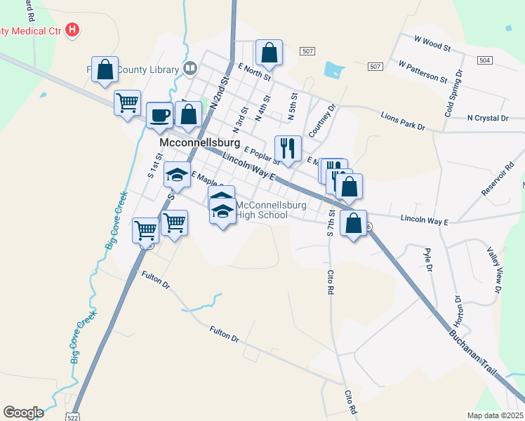 map of restaurants, bars, coffee shops, grocery stores, and more near East Maple Street in McConnellsburg