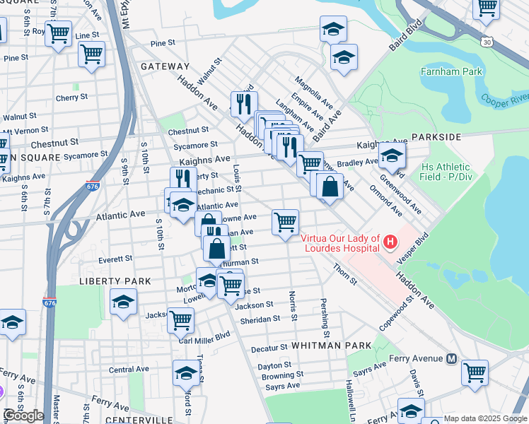 map of restaurants, bars, coffee shops, grocery stores, and more near 1263 Lansdowne Avenue in Camden