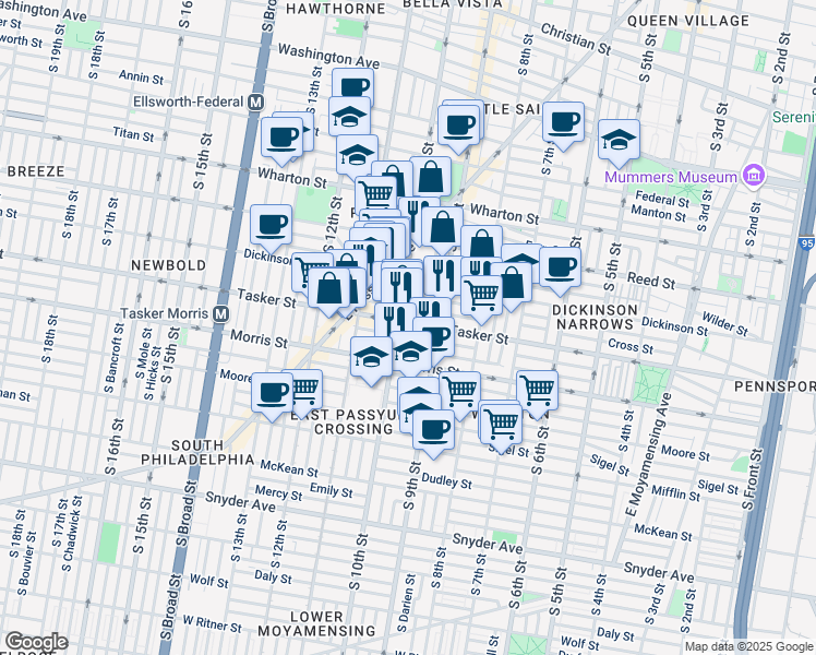 map of restaurants, bars, coffee shops, grocery stores, and more near 911 Cross Street in Philadelphia
