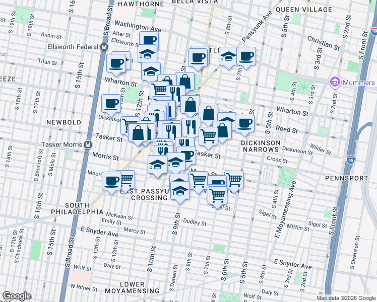map of restaurants, bars, coffee shops, grocery stores, and more near Tasker Street & South 9th Street in Philadelphia