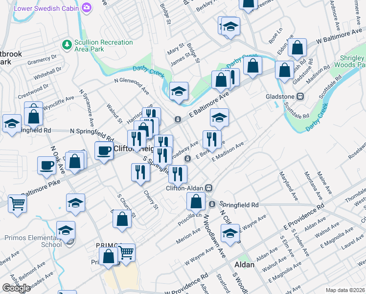 map of restaurants, bars, coffee shops, grocery stores, and more near 101 East Broadway Avenue in Clifton Heights