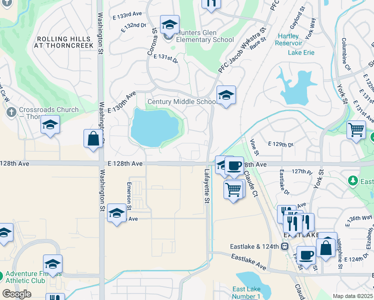 map of restaurants, bars, coffee shops, grocery stores, and more near 12801 Lafayette Street in Thornton