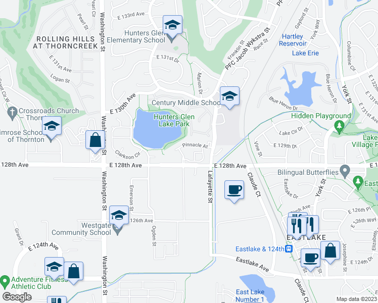 map of restaurants, bars, coffee shops, grocery stores, and more near 12801 Lafayette Street in Thornton