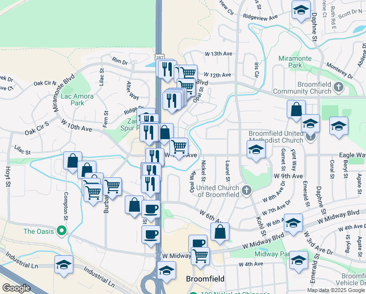 map of restaurants, bars, coffee shops, grocery stores, and more near 1050 Opal Street in Broomfield