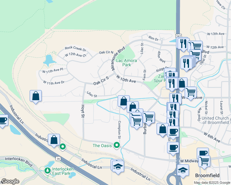 map of restaurants, bars, coffee shops, grocery stores, and more near 1091 Lilac Circle in Broomfield