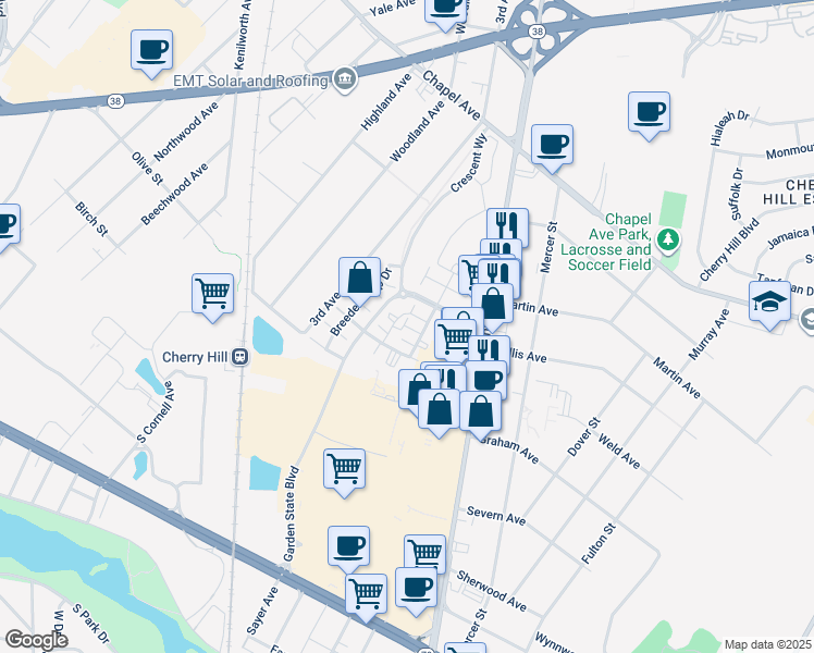 map of restaurants, bars, coffee shops, grocery stores, and more near 258 Derby Court in Cherry Hill