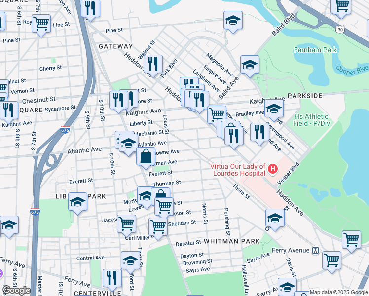 map of restaurants, bars, coffee shops, grocery stores, and more near 1232 Atlantic Avenue in Camden