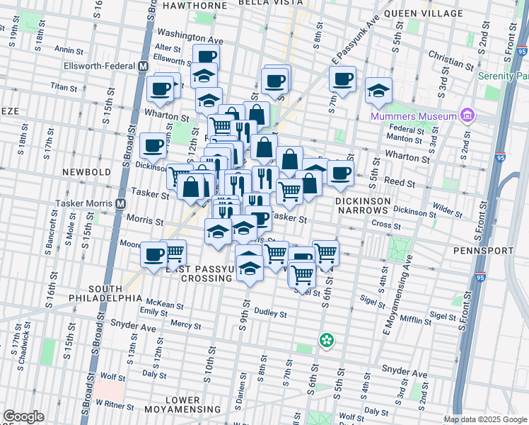 map of restaurants, bars, coffee shops, grocery stores, and more near 911 Cross Street in Philadelphia