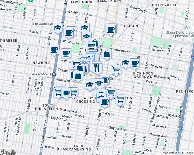 map of restaurants, bars, coffee shops, grocery stores, and more near 1010 Cross Street in Philadelphia