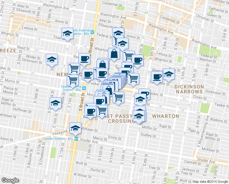 map of restaurants, bars, coffee shops, grocery stores, and more near 1600 South 12th Street in Philadelphia