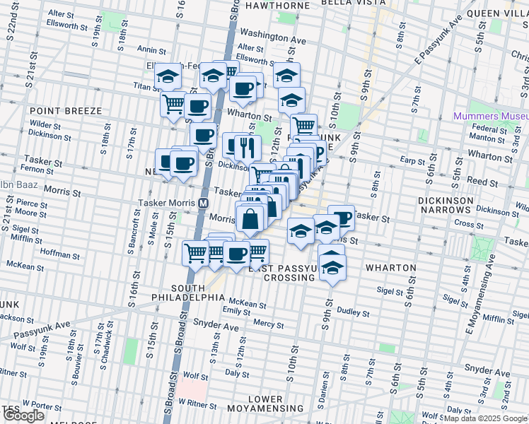 map of restaurants, bars, coffee shops, grocery stores, and more near 1600 South 12th Street in Philadelphia