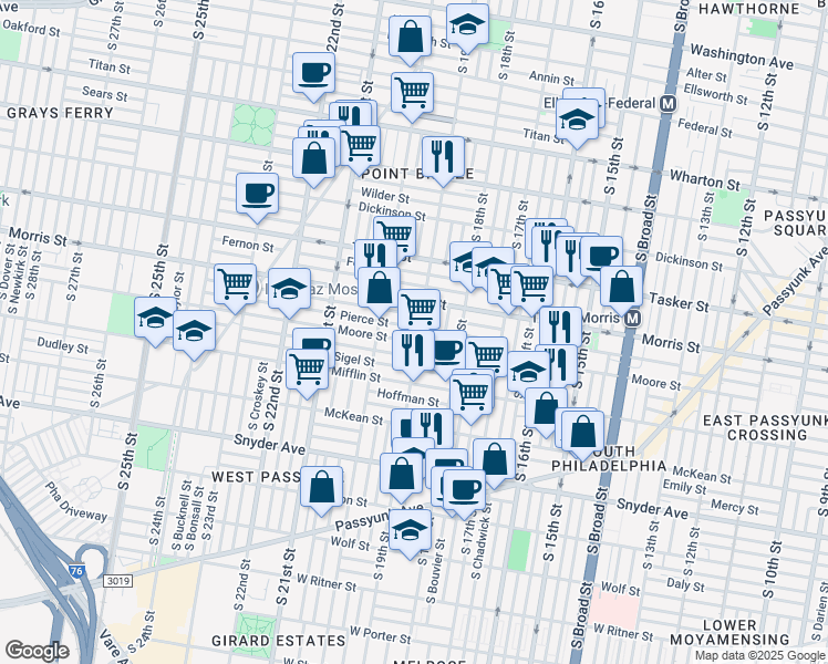 map of restaurants, bars, coffee shops, grocery stores, and more near 1911 Watkins Street in Philadelphia