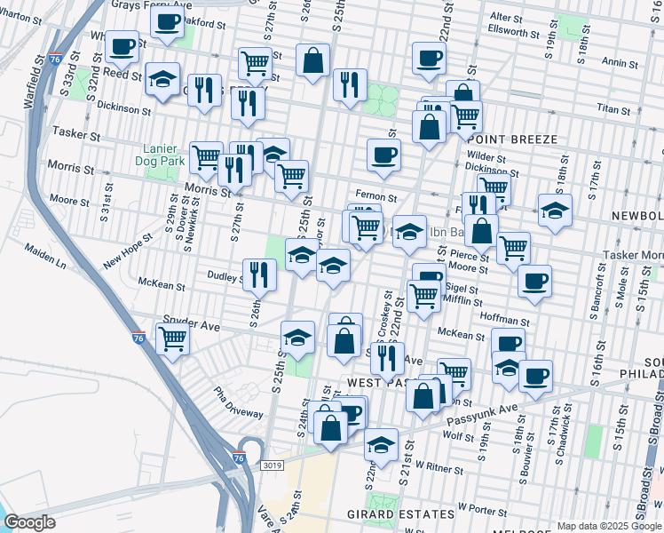 map of restaurants, bars, coffee shops, grocery stores, and more near 1808 South Ringgold Street in Philadelphia