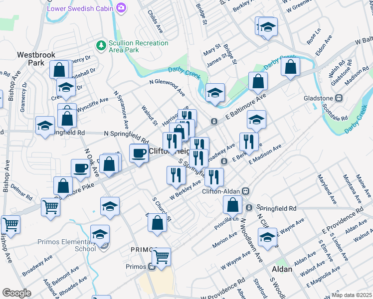 map of restaurants, bars, coffee shops, grocery stores, and more near 59 East Baltimore Avenue in Clifton Heights